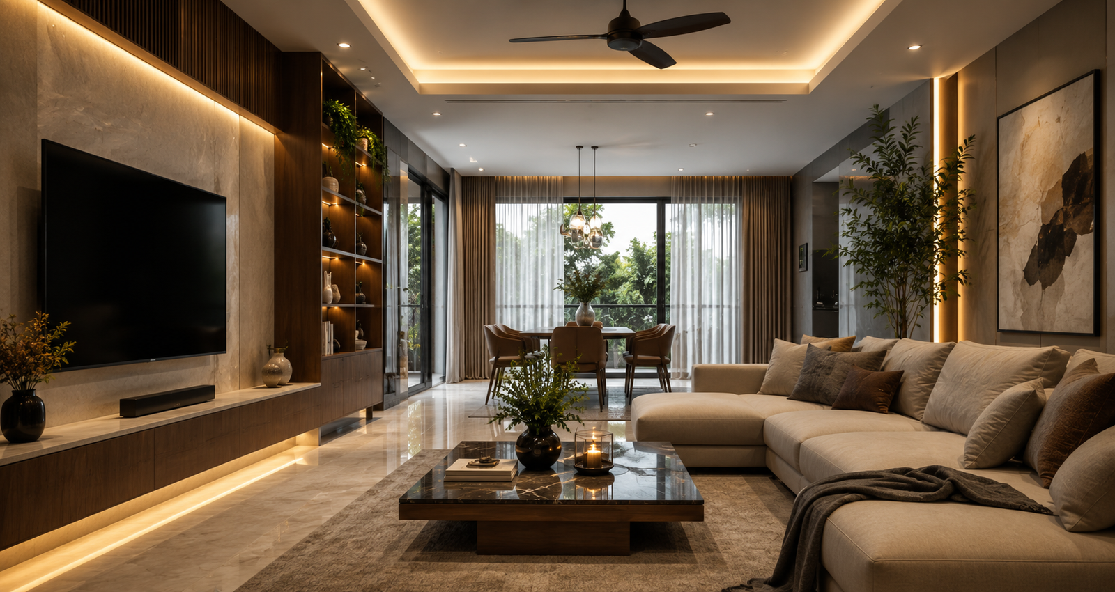 Warm contemporary living room with layered lighting and natural materials