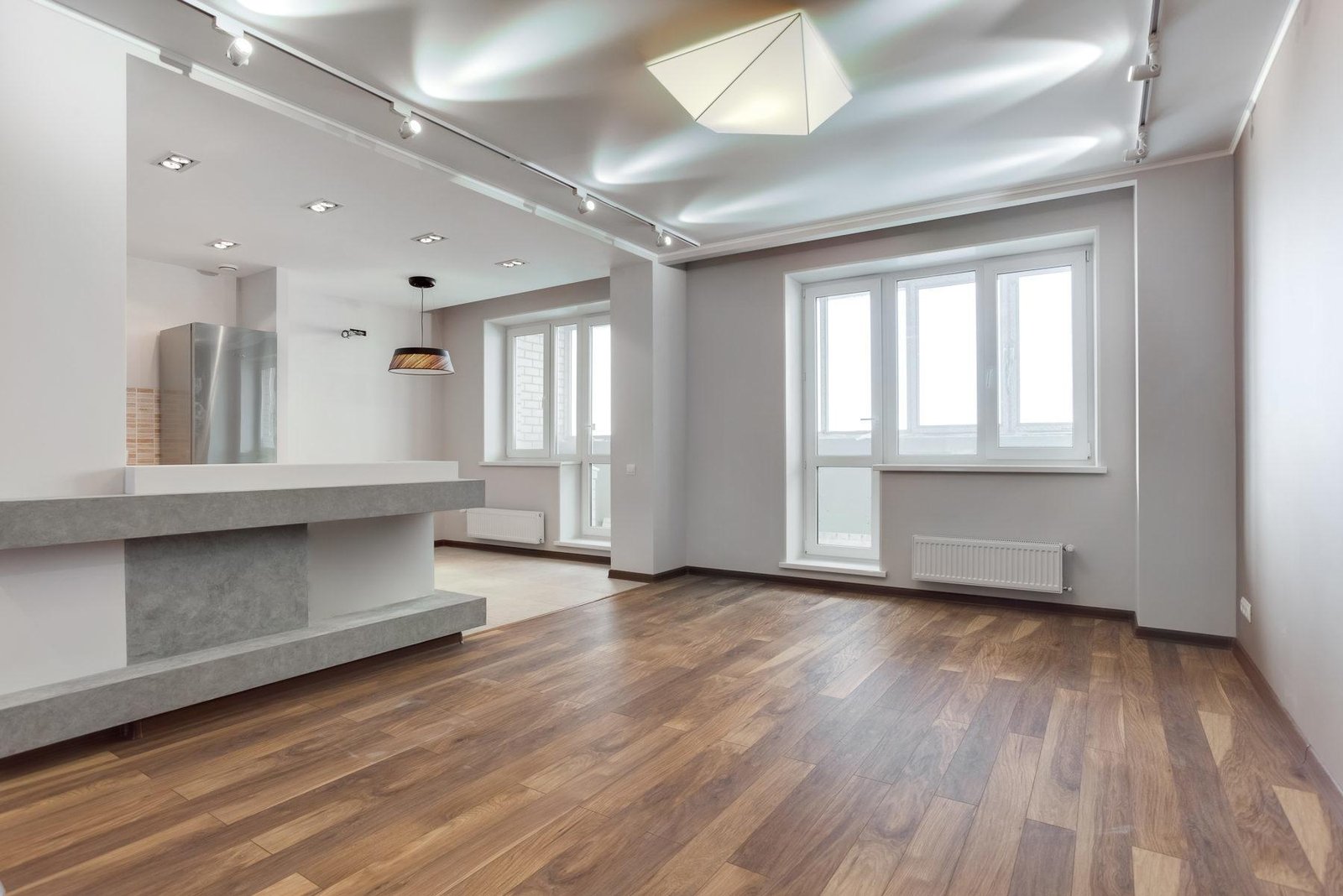 Modern living room with wood television wall